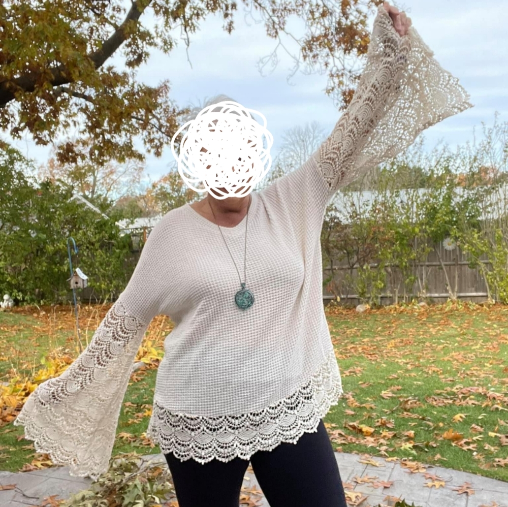 Lightweight pullover waffle top with bell sleeves